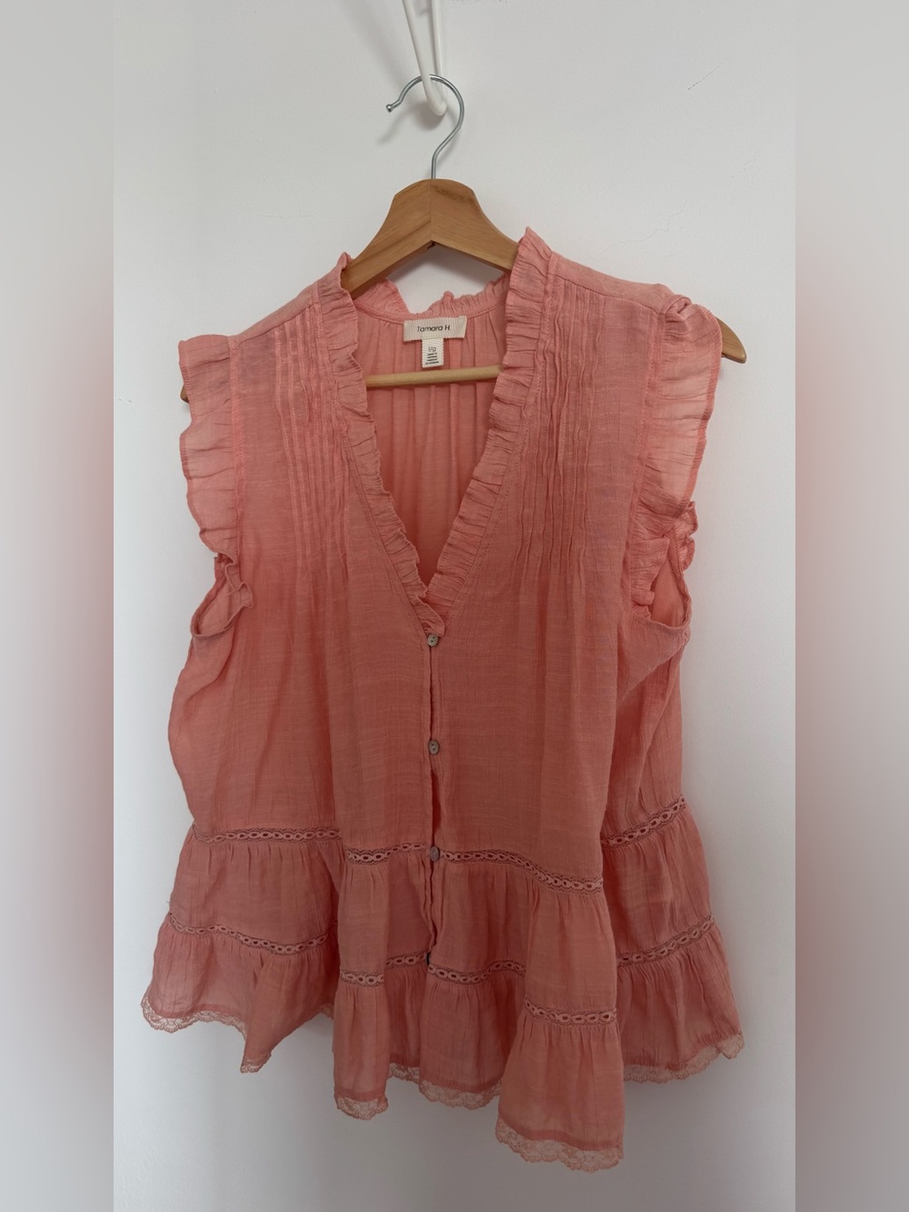 Light Rose-Pink Ruffle Tiered Sleeveless Blouse by Veronica M.